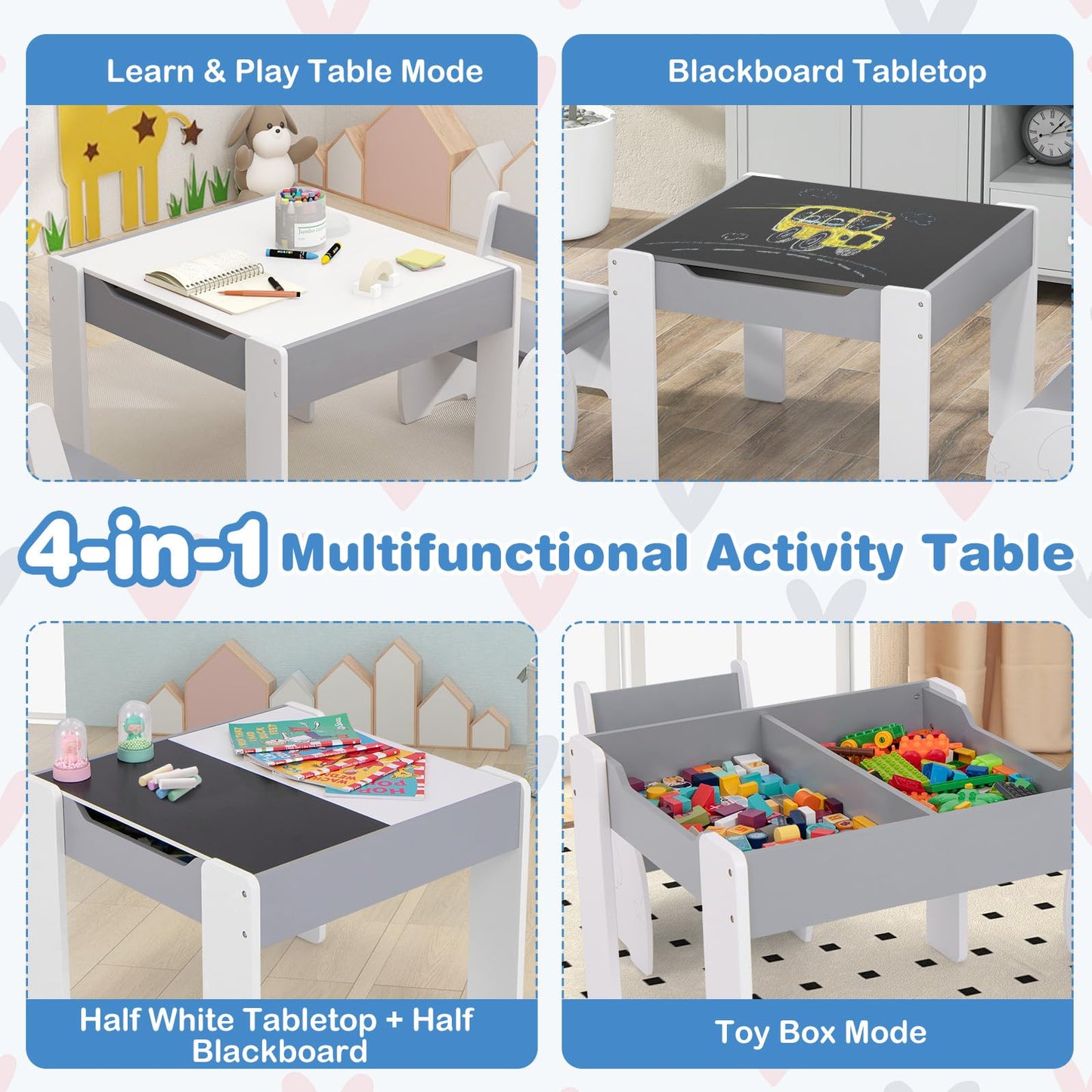 Kids Table and Chair Set, Wooden Children Study Desk with 2 Chairs, Reversible Blackboard Tabletop & Hidden Storage