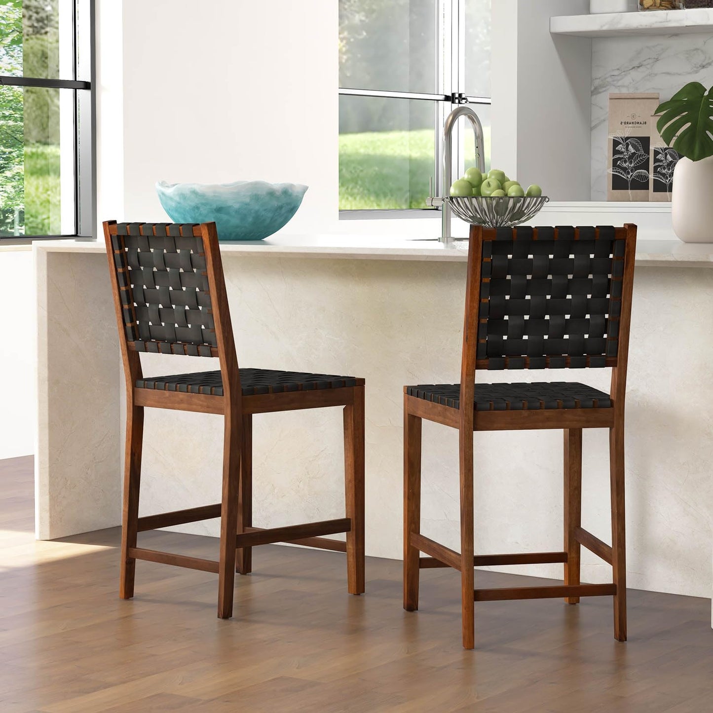 GiantexUK Bar Stools Set of 2/4, PU Leather Woven Kitchen Barstools with Backrest & Rubber Wood Footrests