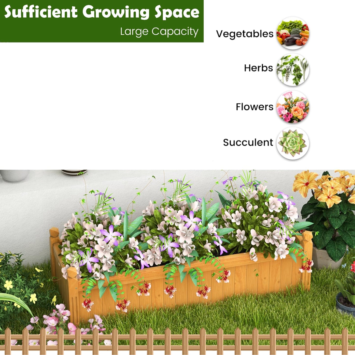 GiantexUK Wooden Garden Planter, Long Rectangular Raised Bed Flower Pot with 4 Drainage Holes (Natural, 110x40x35cm)