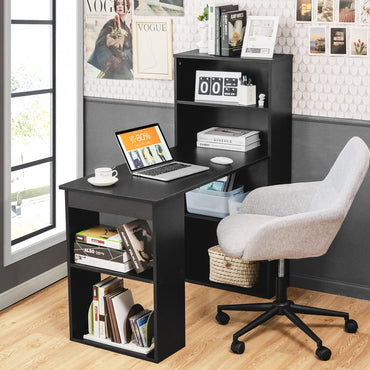 122cm Computer Desk, Wooden PC Laptop Table Writing Workstation with 6-Tier Storage Bookshelves