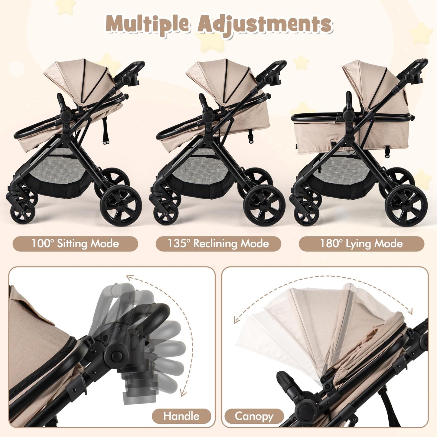 2 in 1 Baby Pushchair, Foldable Travel System Pram with Reversible Seat, Adjustable Canopy & Handle