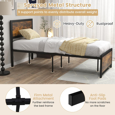 3FT Single Metal Bed Frame, Twin Size Platform Bed with Headboard