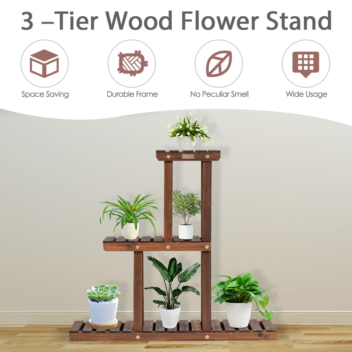 3 Tiers Plant Stand, Solid Wood Flower Pot Holder Bonsai Display Storage Shelves (81 x 25 x 75cm, 3-Tier)