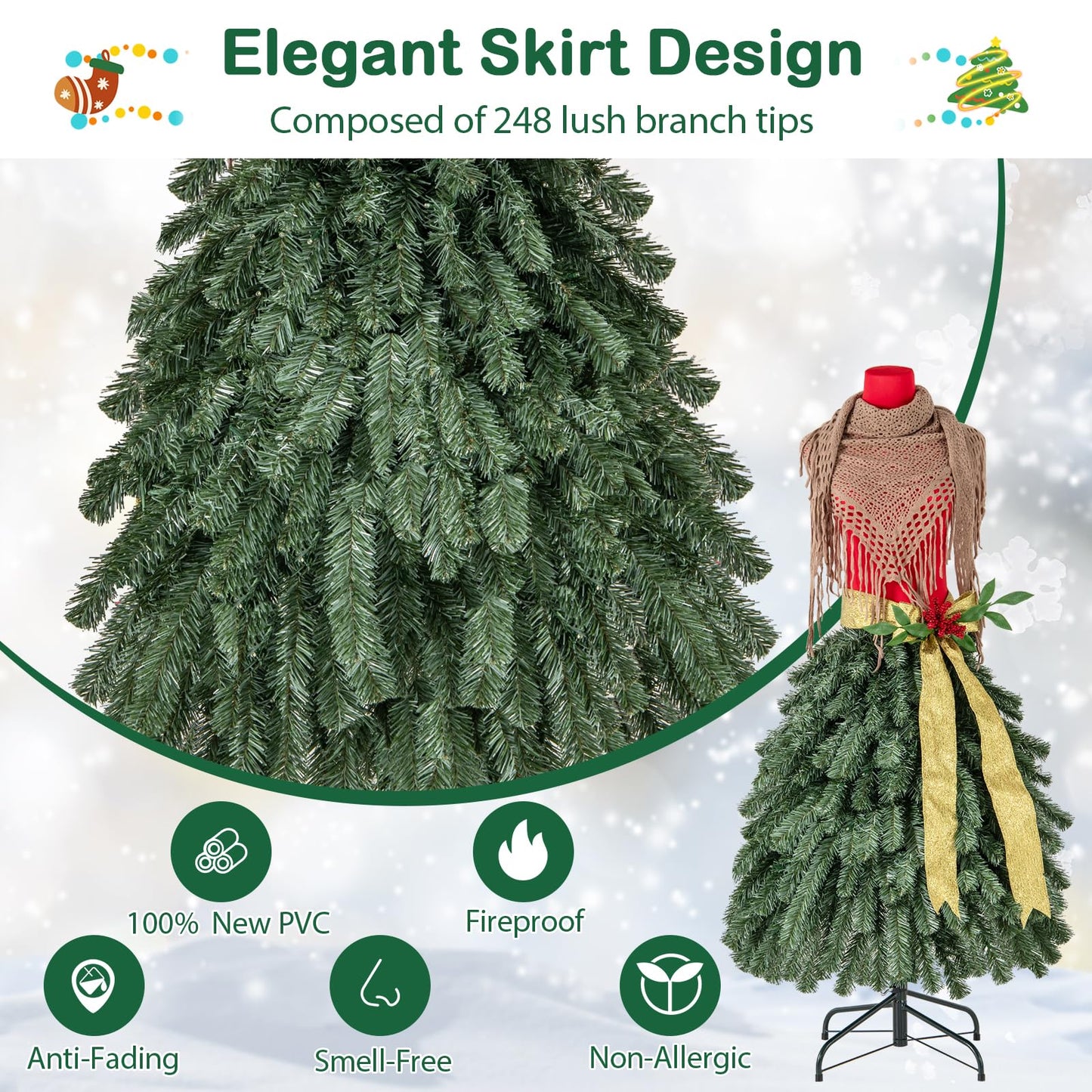 5FT Pre-lit Mannequin Artificial Christmas Tree, Dress Form Xmas Tree with 248 Branch Tips (Red+Green, with 100 Lights)