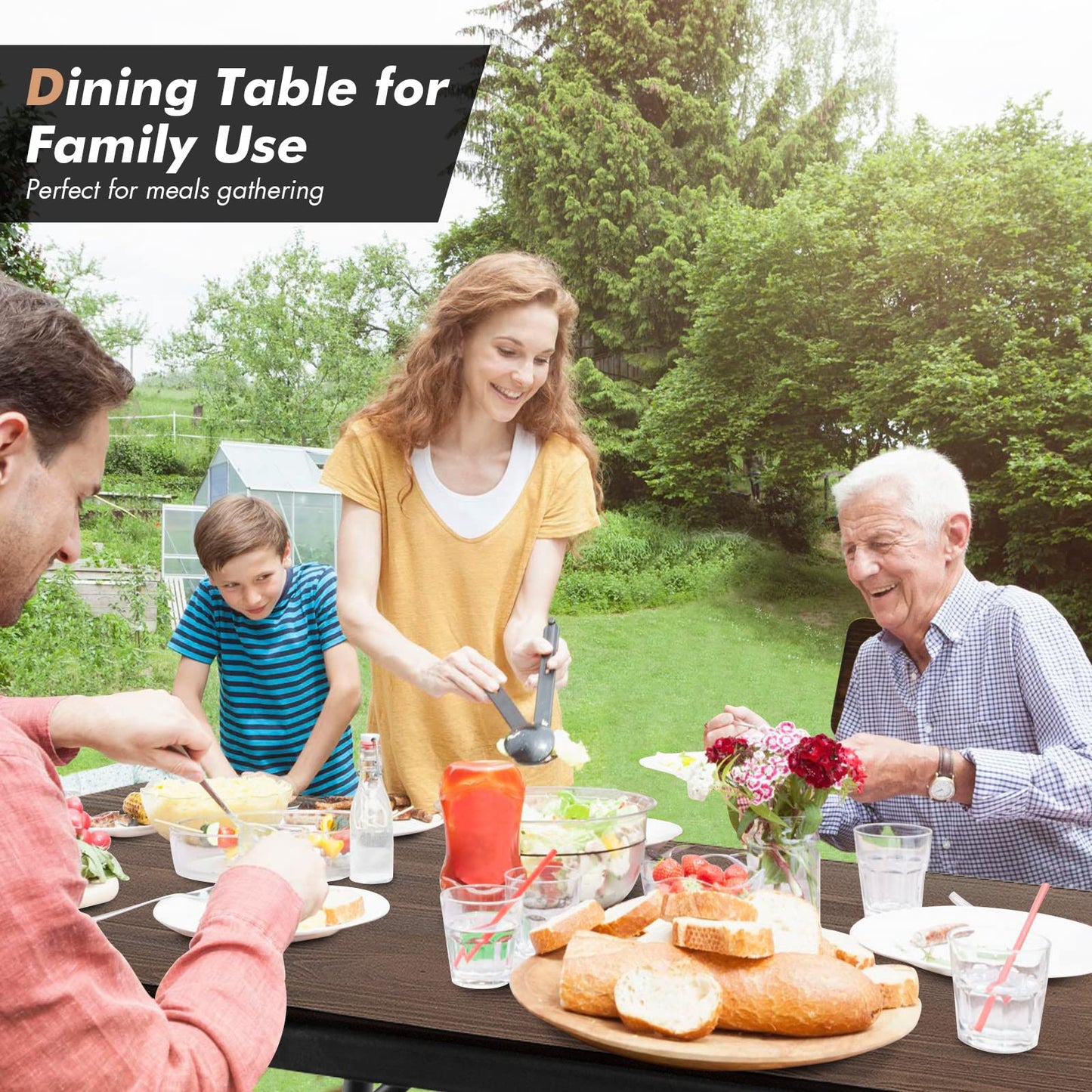 Dining Table, Metal Frame Rectangular Kitchen Table with Adjustable Feet and Round Corner