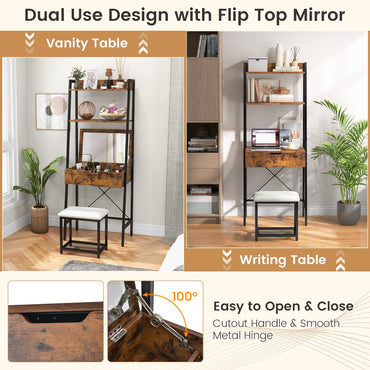 Dressing Table and Stool Set with Flip Top Mirror, Wooden Makeup Vanity Table Set with 2 Ladder Shelves