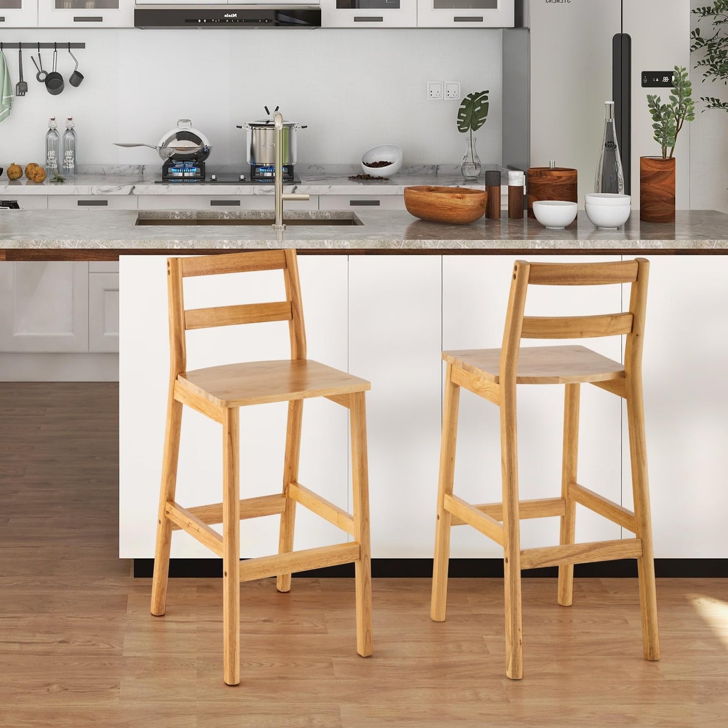 GiantexUK Bar Stool Set of 2, Rubber Wood Breakfast Chairs with Backrest & Footrest, 71CM Armless Counter Height Seat Set