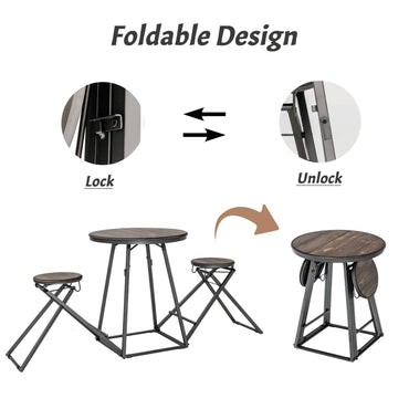 GiantexUK Foldable Table and Stool Set, Space Saving Dining Table with 2 Chairs and Footrest, Kitchen Breakfast Table Furniture for Home Dining Room Pub