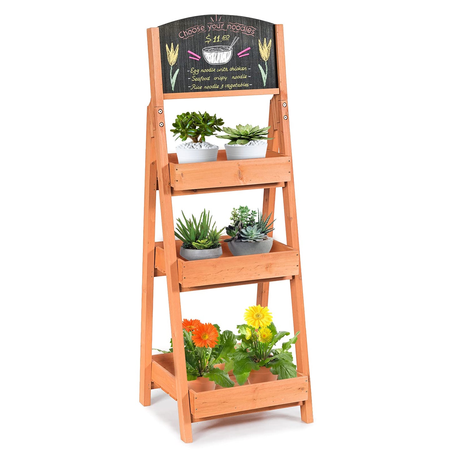 GiantexUK 3-Tier Plant Stand, Wooden Freestanding Flower Stand with DIY Chalkboard