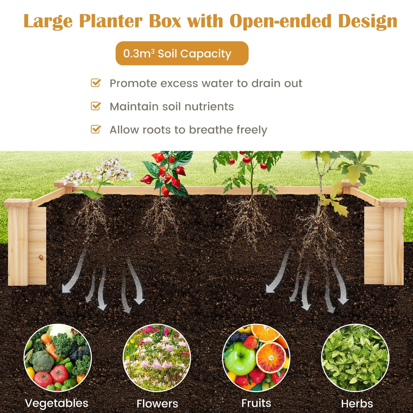 GiantexUK 300L Raised Garden Bed, Wooden Garden Planter Box with Compost Bin & Open Bottom, 124 x 124 x 26cm