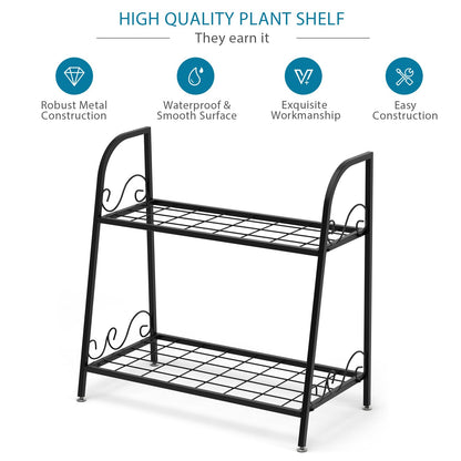 2 Tier Plant Stand, Scrollwork Design Metal Flowers Pot Holder with Adjustable Foot Pads