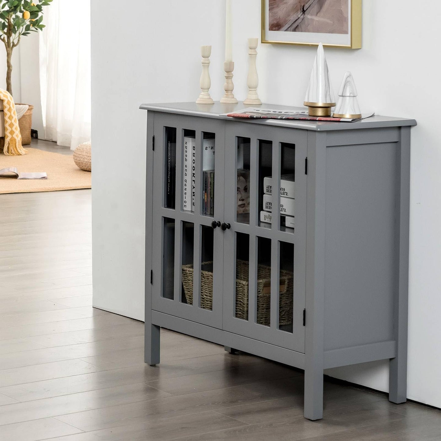 GiantexUK Wooden Storage Sideboard, Freestanding Buffet Cupboard with Double Glass Doors, Large Tabletop & Non-Slip Foot Pads