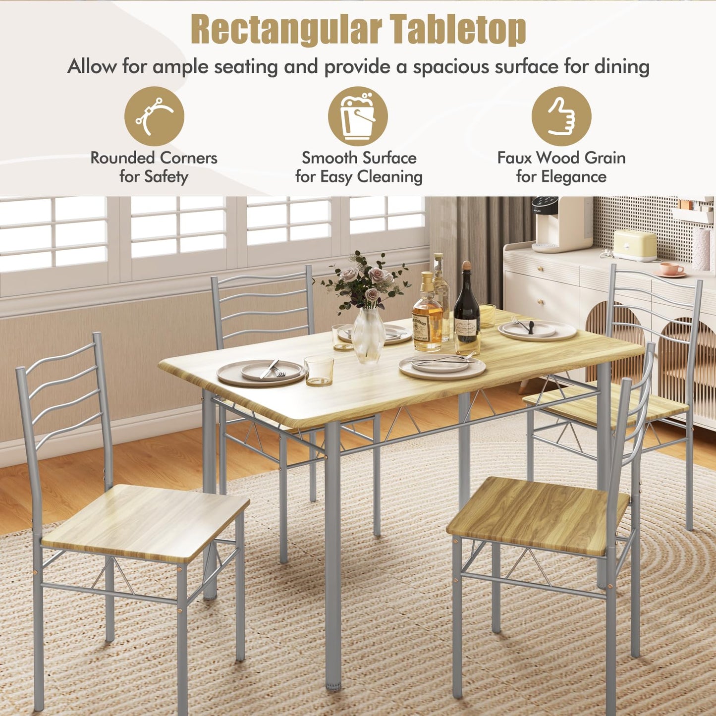 GiantexUK 5PCS Dining Table and Chairs Set, Metal Frame Kitchen Table Set with High Back & Anti-slip Foot Pads