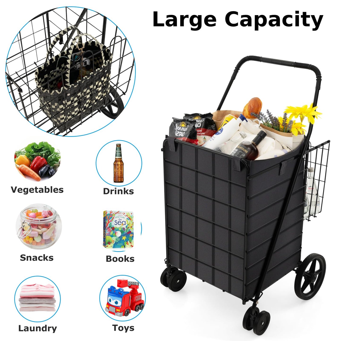 GiantexUK Foldable Shopping Cart on Wheels, Metal Grocery Trolley with Extra Basket & Anti-slip Handle