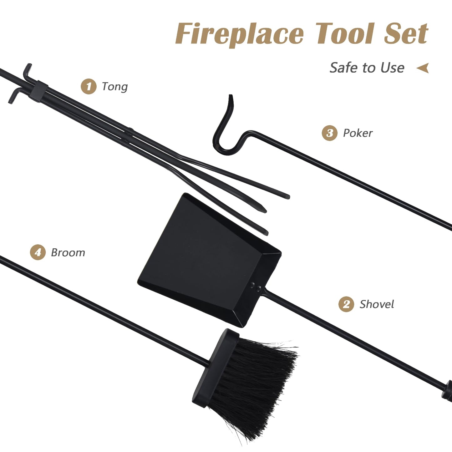 GiantexUK 5-Piece Fireplace Companion Set, Wrought Iron Fire Place Tools Set with Stand, Tong, Shovel, Brush & Poker (Natural + Black, 4 Hooks, Round Base)