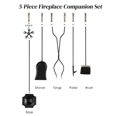 GiantexUK 5-Piece Fireplace Companion Set, Wrought Iron Fire Place Tools Set with Stand, Tong, Shovel, Brush & Poker, Fireside Wood Burner Stove Accessories