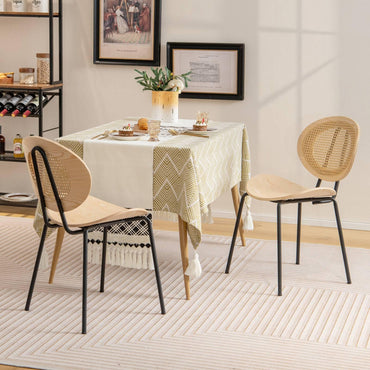 GiantexUK Dining Chairs Set of 2, Kitchen Chairs with Rattan Backrest, Curved Seat & Adjustable Foot Pad