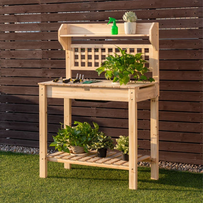 GiantexUK Wooden Potting Table, Garden Planting Bench with Open Shelves and Extendable Tabletop