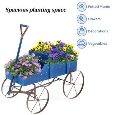 GiantexUK Wooden Wagon Garden Planter, Flower Cart with Long Handle and Flexible Wheels