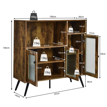 GiantexUK Kitchen Storage Cabinet, Wooden Buffet Sideboard with Tempered Glass Doors, Adjustable Shelves & Anti-toppling Device