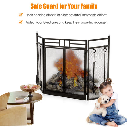 GiantexUK 3-Panel Folding Fireplace Screen, 5-Piece Freestanding Fire Protector Spark Guard with Tools Set