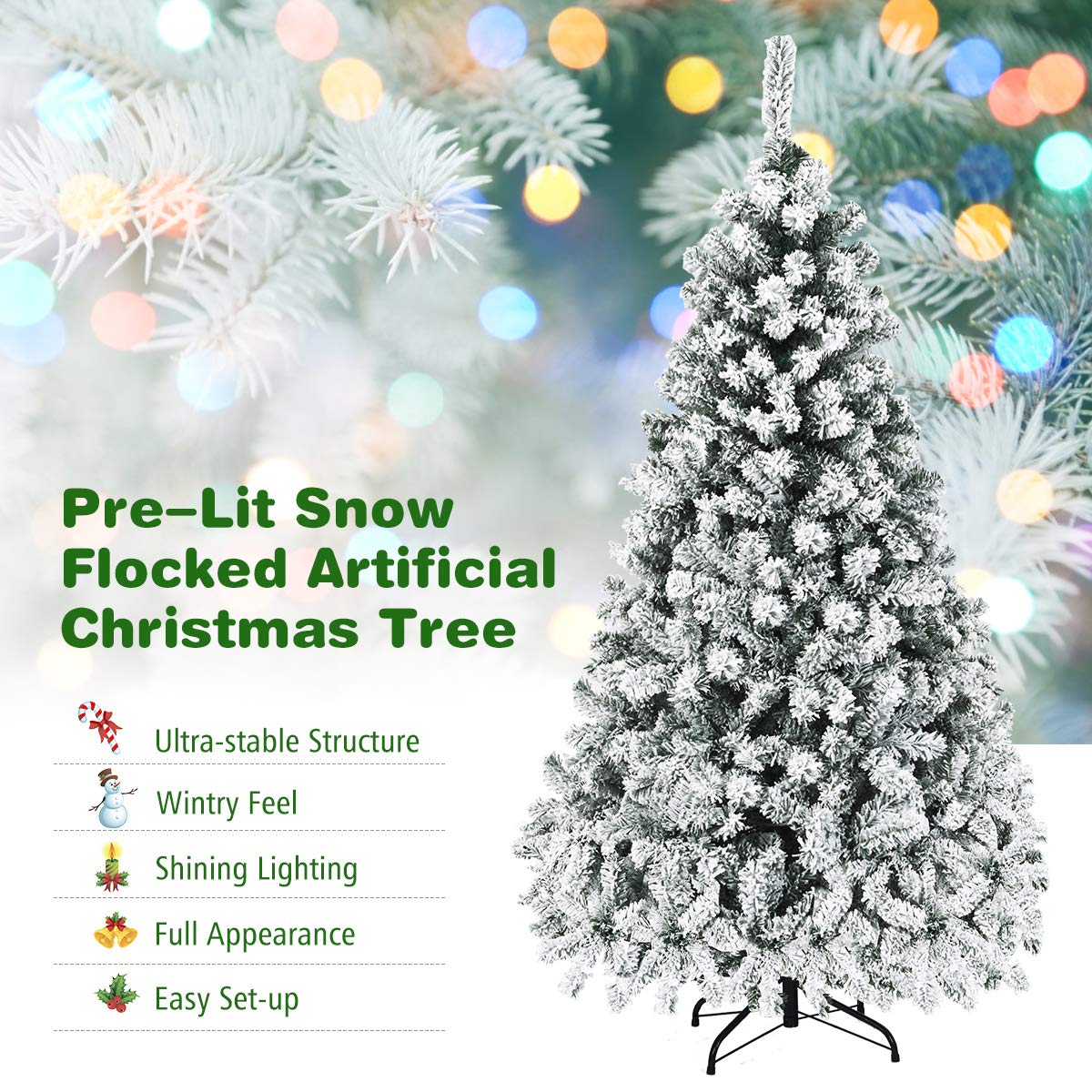 6FT Flocked Christmas Tree, Pre-Lit Artificial Decoration Tree with 600 PVC Branch Tips and 250 LED Lights