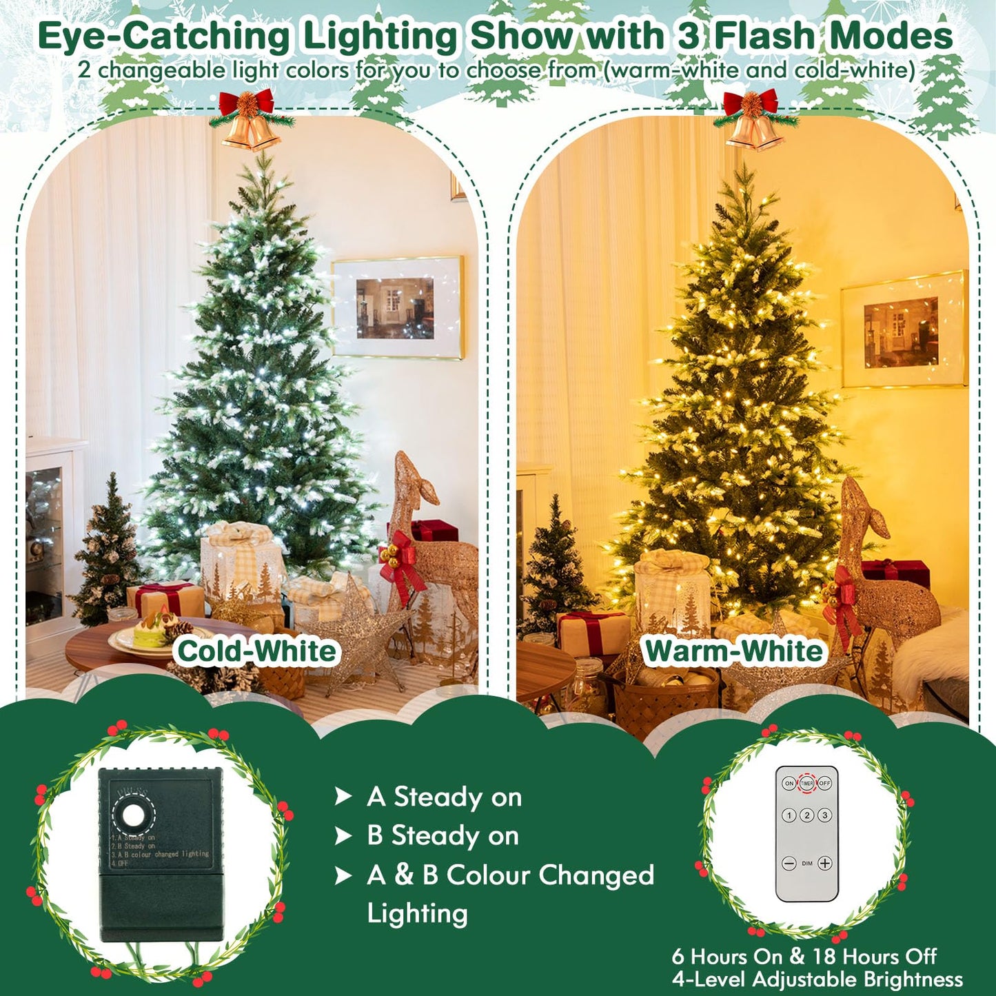 6ft Pre-Lit Artificial Christmas Tree, Hinged Remote Control Xmas Tree with 350 LED Lights