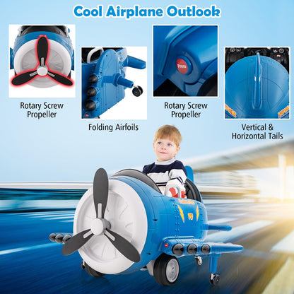 Kids Electric Ride on Car, 12V Battery Powered Airplane Toy with Joysticks, Remote Control, Folding Airfoils