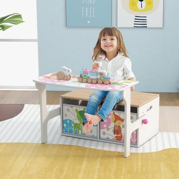 Kids Table and Chair Set, Convertible Toy Storage Bench with 2 Removable Fabric Bins