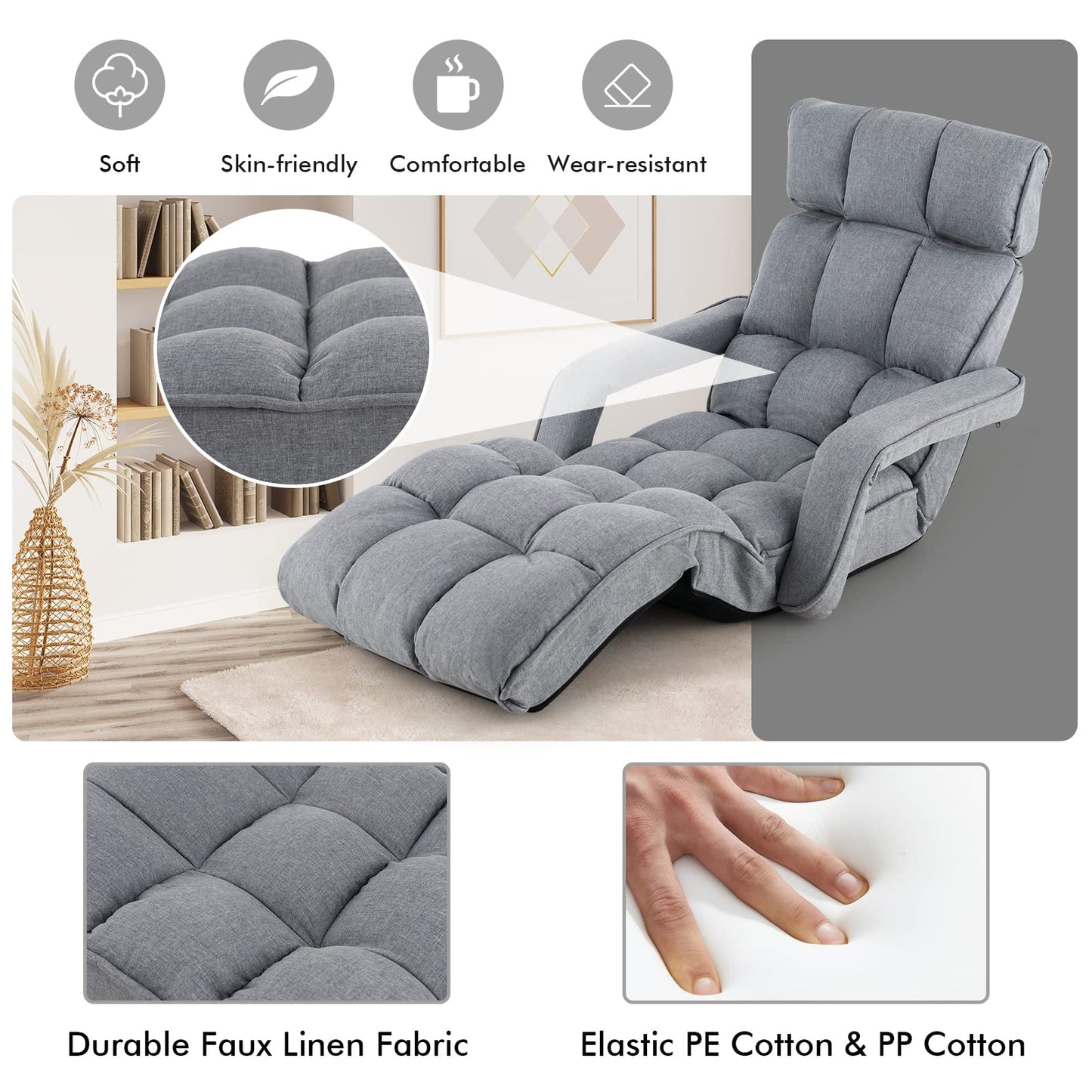 Folding Lazy Sofa, 6-Positon Adjustable Lounger Sleeper Floor Chair with Armrest & Footrest