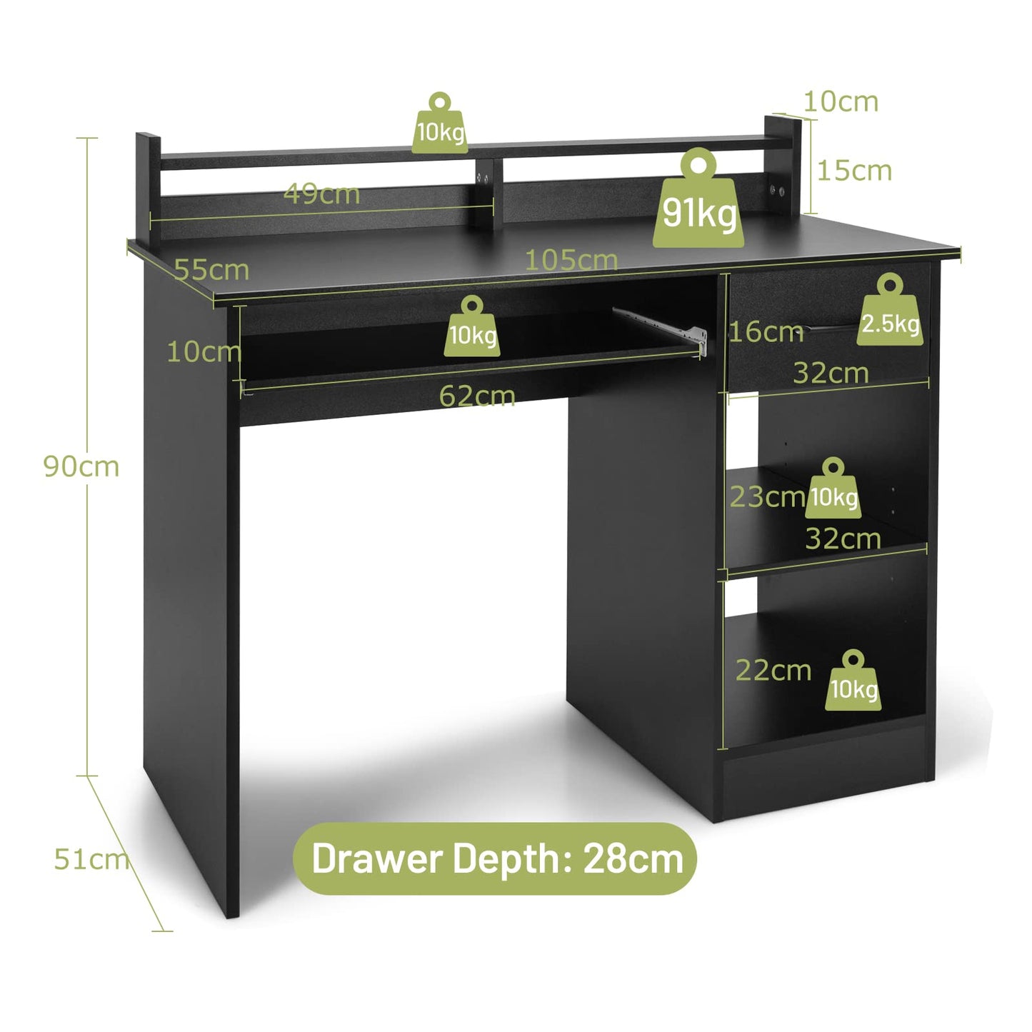 Computer Desk, Wooden PC Laptop Table Writing Workstation with Sliding Keyboard Tray