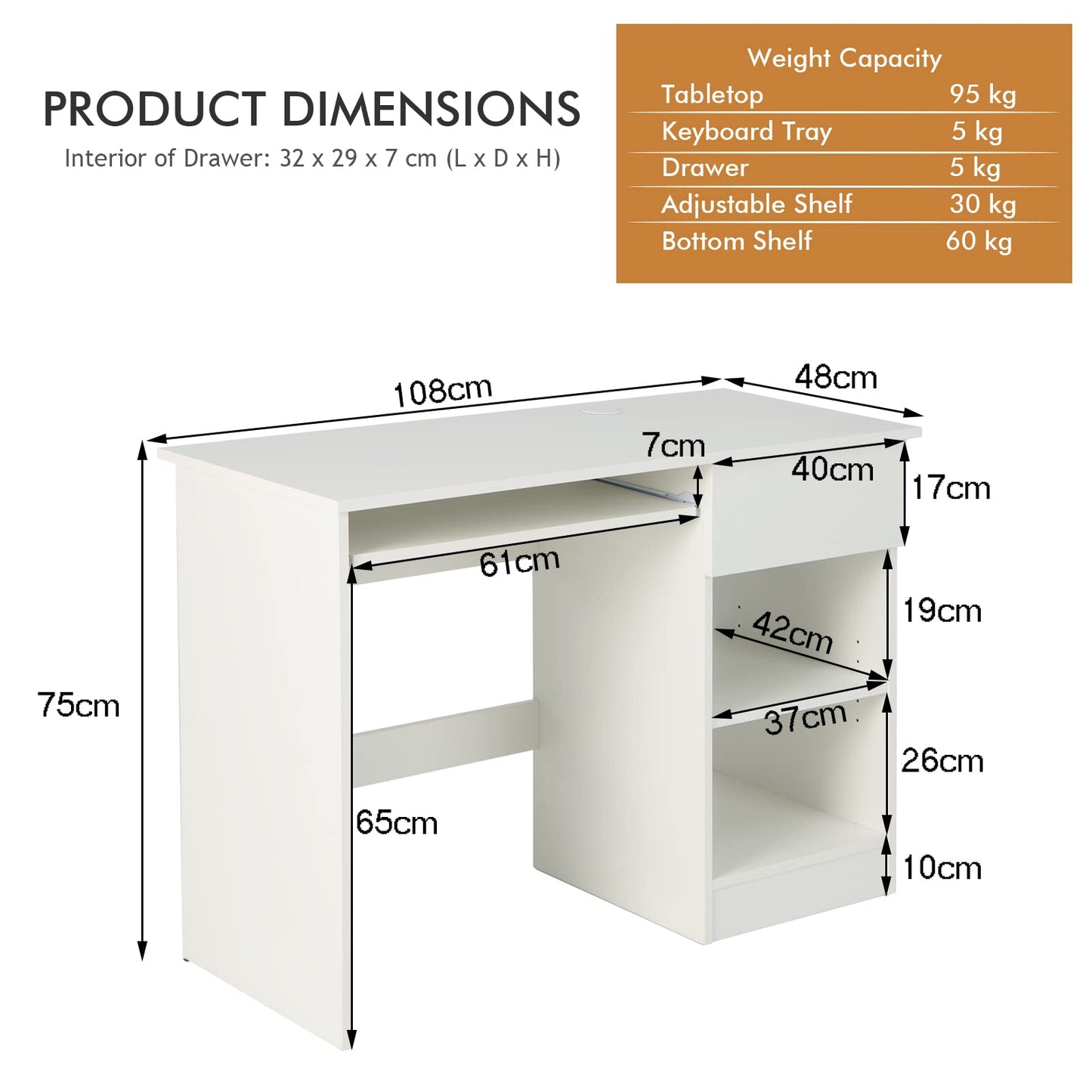 Computer Desk, Wooden PC Laptop Table Writing Workstation with Sliding Keyboard Tray, White