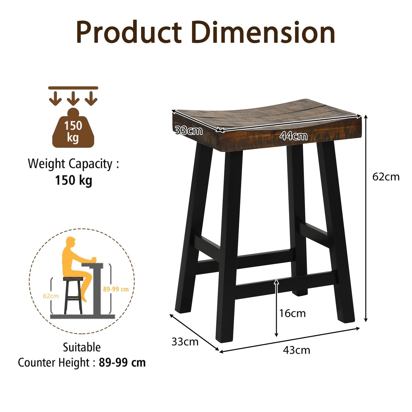 GiantexUK Bar Stools Set of 2/4, Backless Counter Height Stools with Footrests, Curved Seat & Anti-Slip Foot Pads, 44 x 33 x 62cm