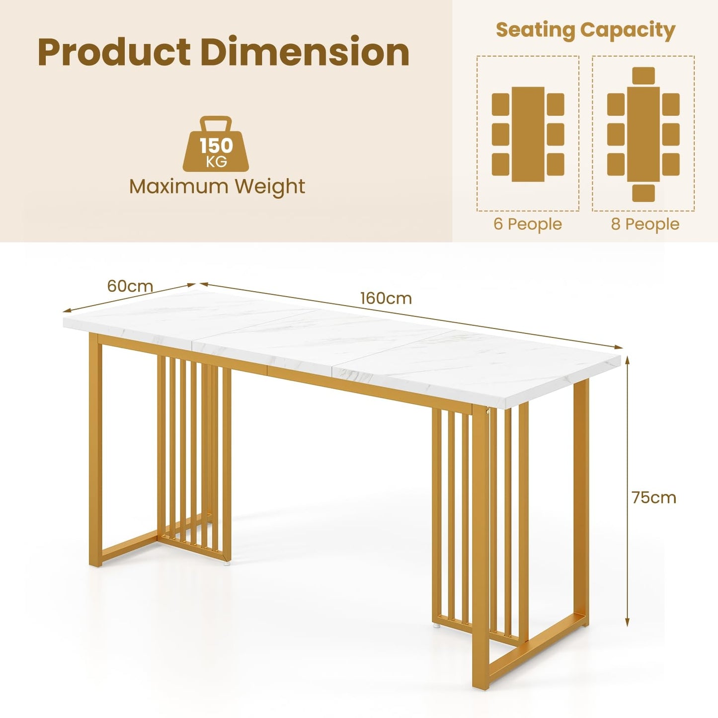 Dining Table for 6-8 People, 160cm Rectangular Kitchen Tables with Faux Marble Tabletop