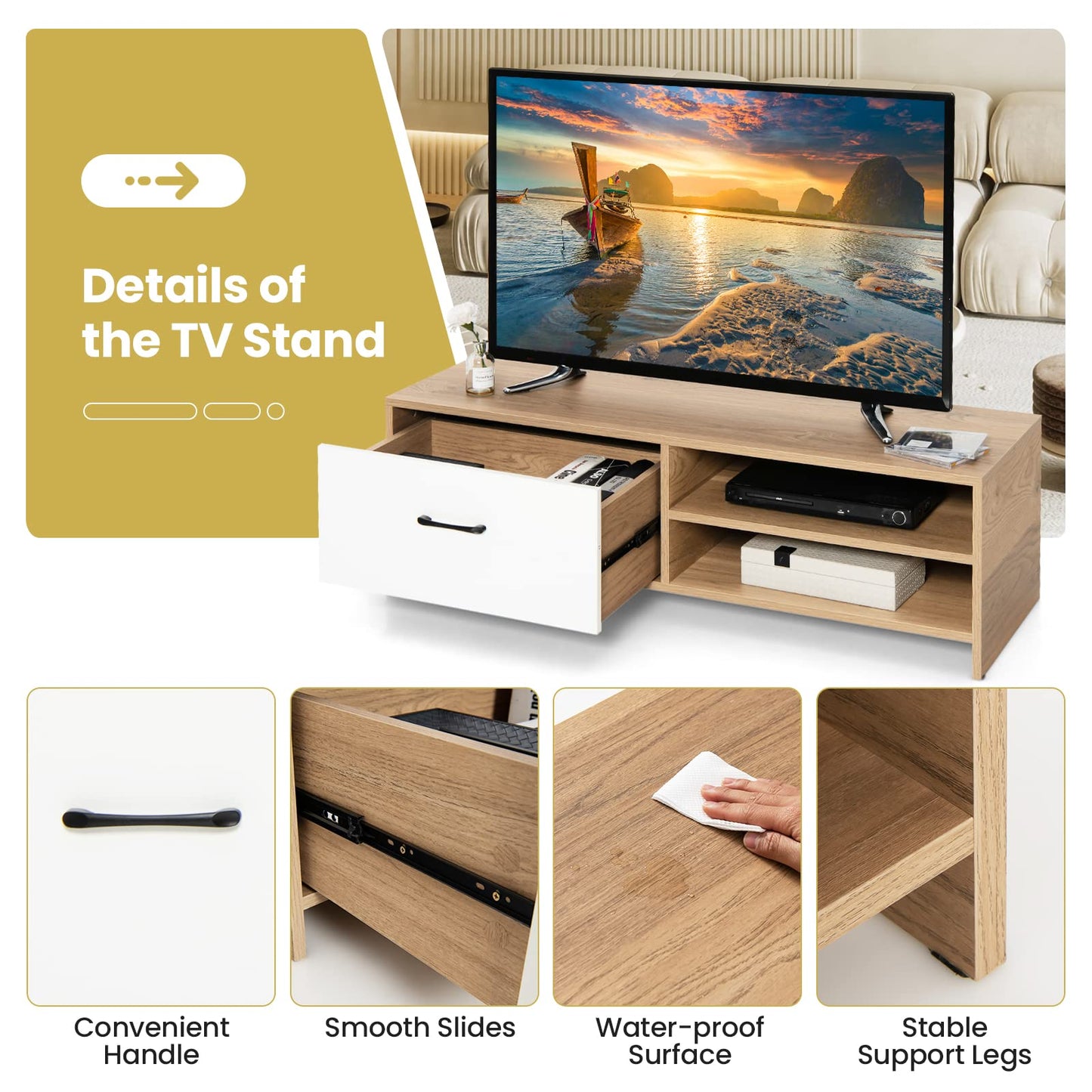 TV Stand for TVs up to 55 Inches, Wooden TV Cabinet Media Entertainment Center with Drawer and 2-Tier Storage Shelf