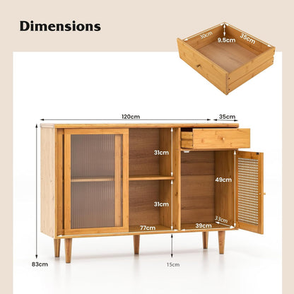 GiantexUK Buffet Storage Cabinet, Bamboo Kitchen Sideboard with 2 Tampered Glass Sliding Doors