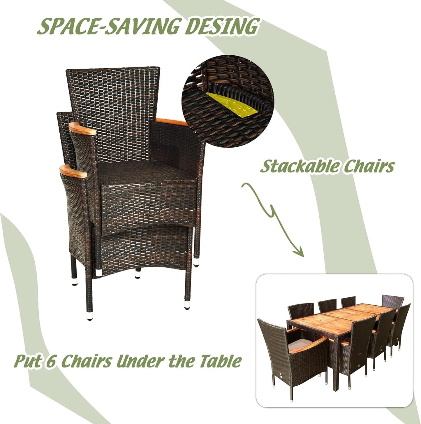 GiantexUK Outdoor 7/9 Pieces Rattan Dining Set, Patio Wicker Furniture Set with Acacia Wood Tabletop & Cushions