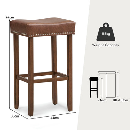 GiantexUK Bar Stools Set of 2, PU Leather Kitchen Saddle Stools with Rubber Wood Legs, Footrests & Non-Slip Foot Pad, 44x33x74cm