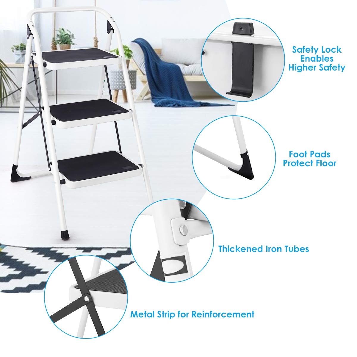 GiantexUK Folding 3 Step Ladder, Steel Stepladder with Anti-Slip Pedal & Reinforced Crossbar (3 Step, 47x68x98cm)