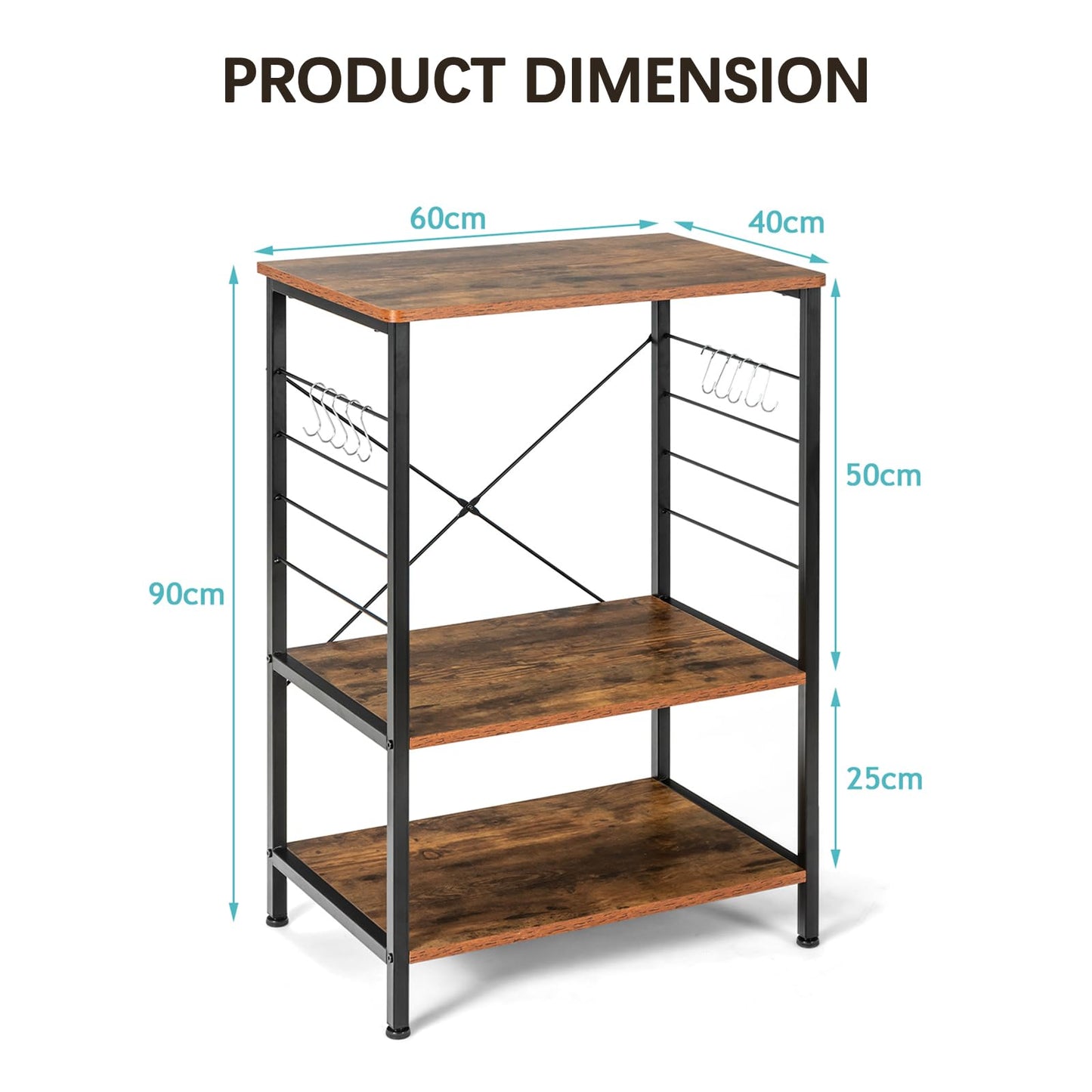 GiantexUK 3-Tier Kitchen Baker’s Rack, Freestanding Microwave Oven Stand with 10 Metal Hooks & Adjustable Foot Pads