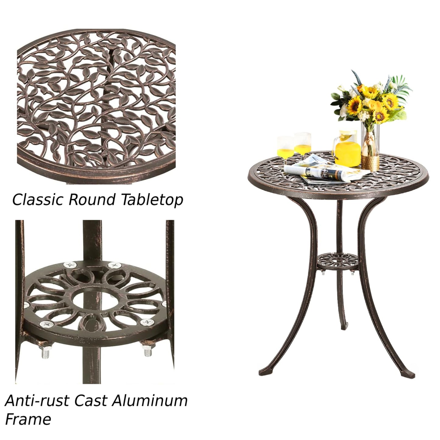 GiantexUK 3 Pieces Patio Bistro Set, Cast Aluminum Round Garden Table and Chairs Set