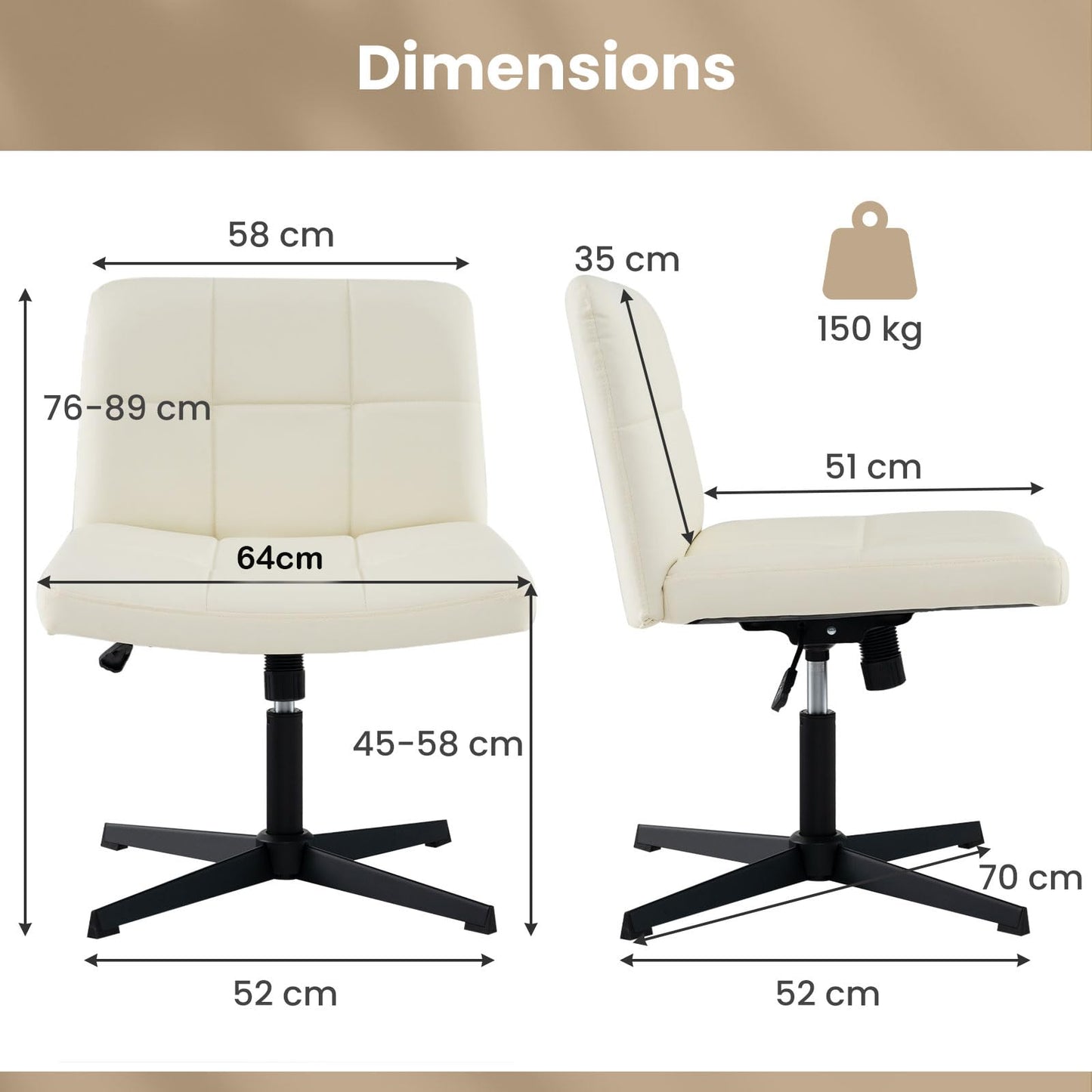 Armless Office Chair, PU Leather Upholstered Cross Legged Computer Desk Chair