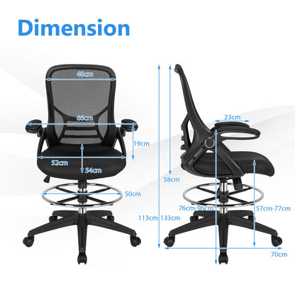 Mesh Drafting Chair, Ergonomic Swivel Office Chair with Adjustable Footrest (with Flip-up Armrests, Black)