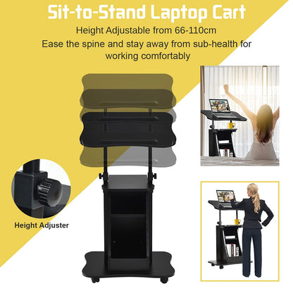 Movable Laptop Table, Height Adjustable Computer Workstation with Storage Cabinet & Rolling Casters