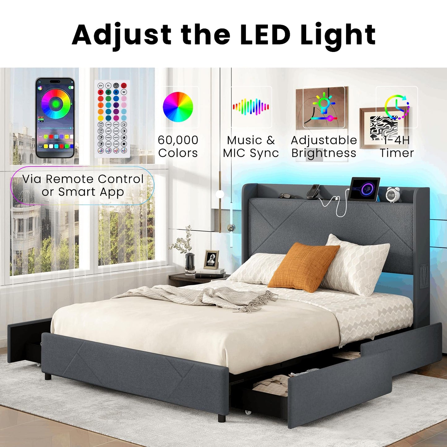 Multigot King Size Bed Frame with RGB LED Lights, 5FT Slat Support Platform Bed with Charging Station