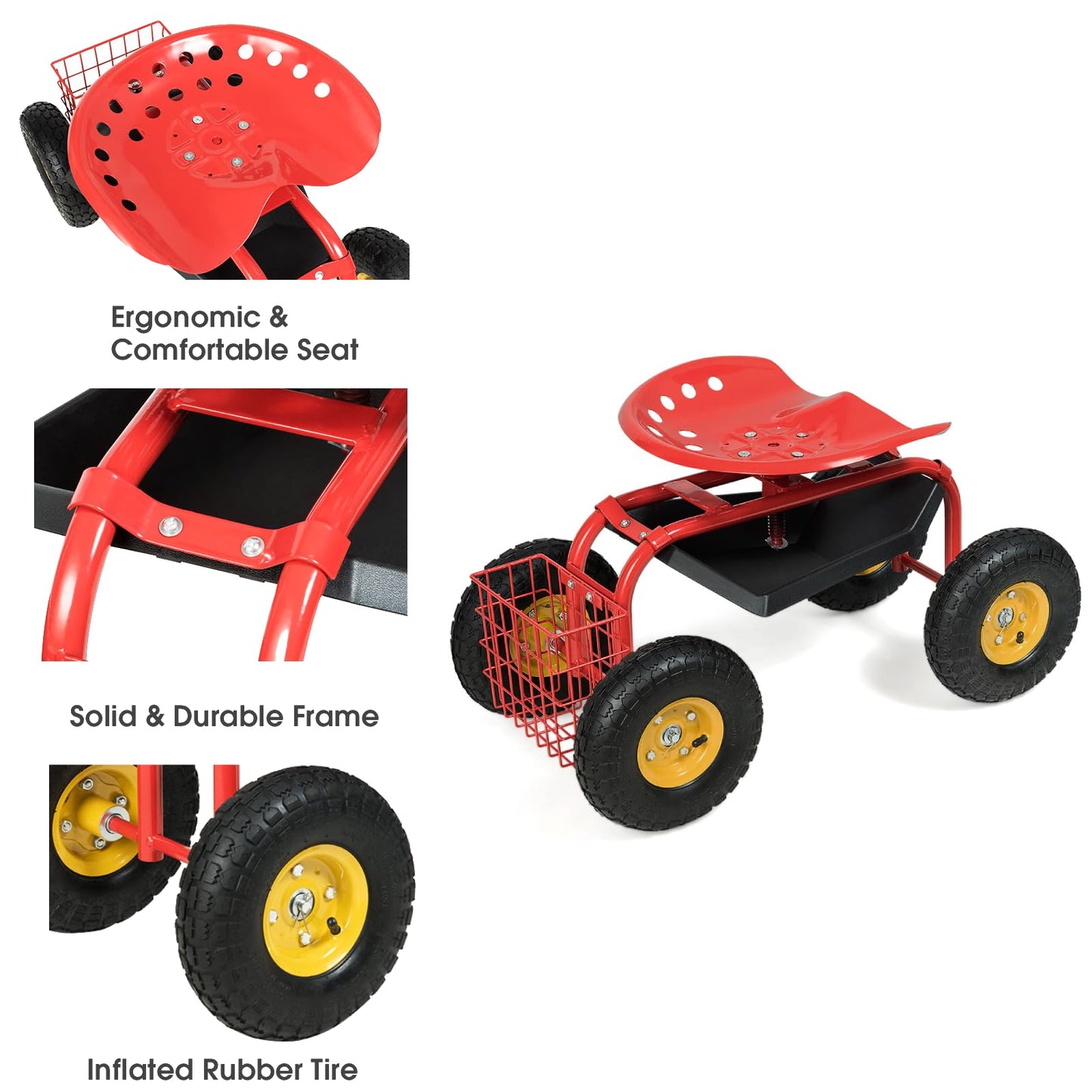 GiantexUK Adjustable Rolling Garden Cart, Outdoor Gardening Trolley Planting Station with Swivel Seat