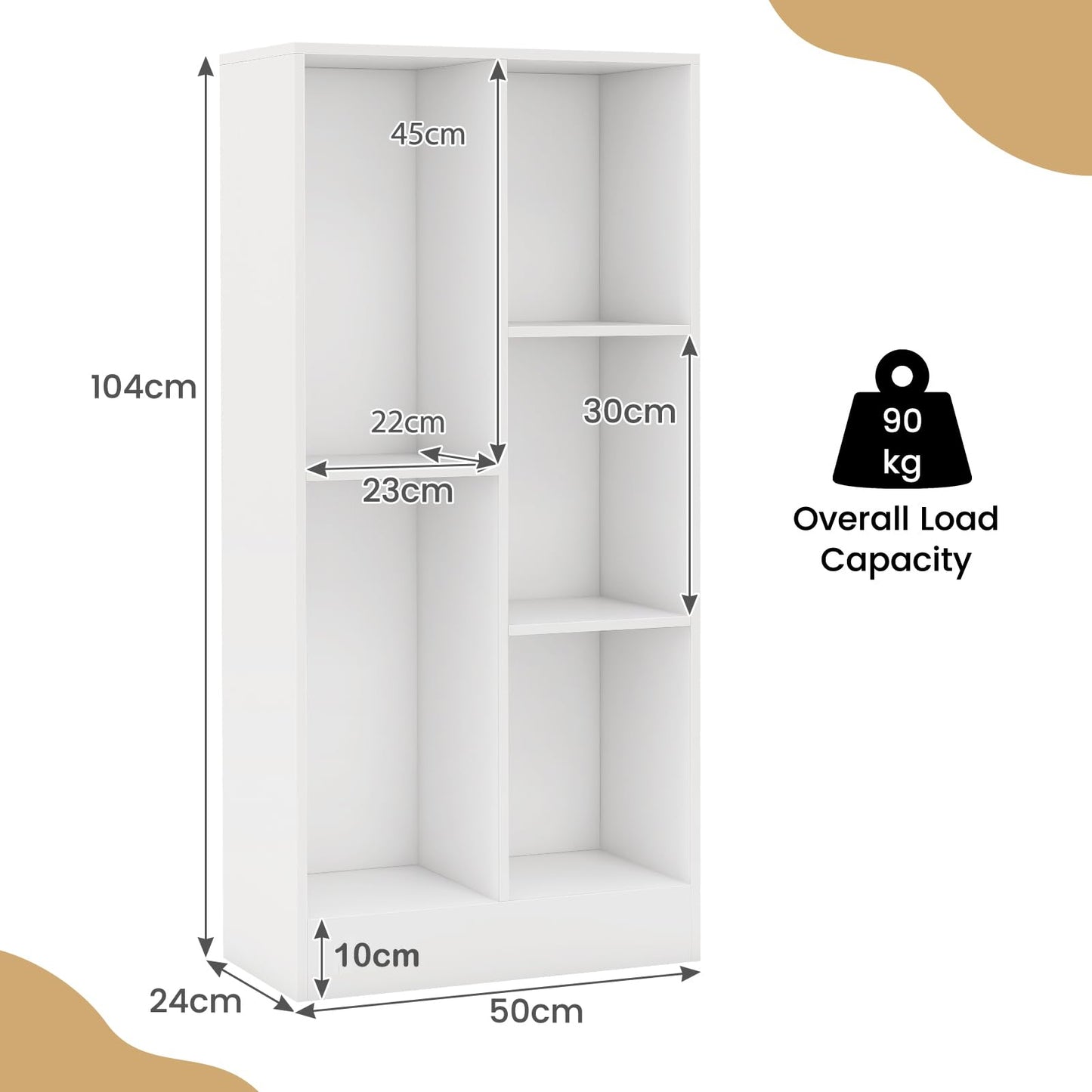 Wooden Cube Bookcase, 3 Tier Open Storage Shelving Unit with 5 Compartments (White, 50 x 24 x 104cm)