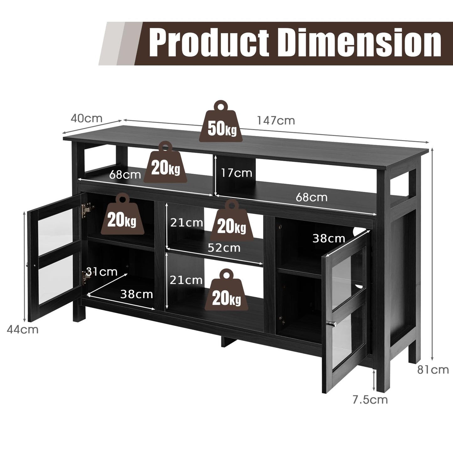 TV Stand for TVs up to 65", Wooden Television Media Entertainment Center with 4 Open Shelves & 2 Side Cabinet