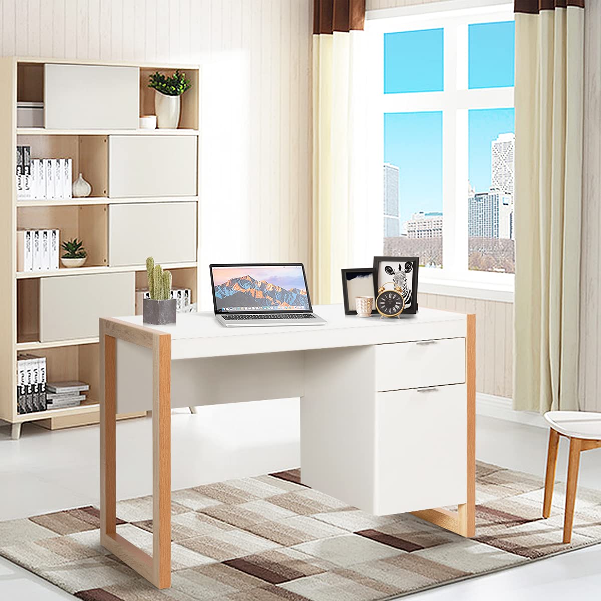 Wooden Laptop Desk, Modern PC Table Workstation with Storage Cabinet and Drawer