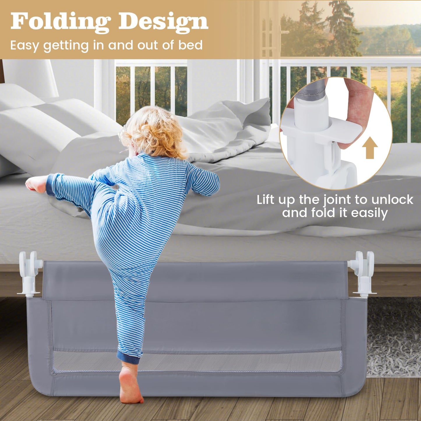 Bed Rail for Toddlers, 100cm Foldable Safety Beds Guard with Strap